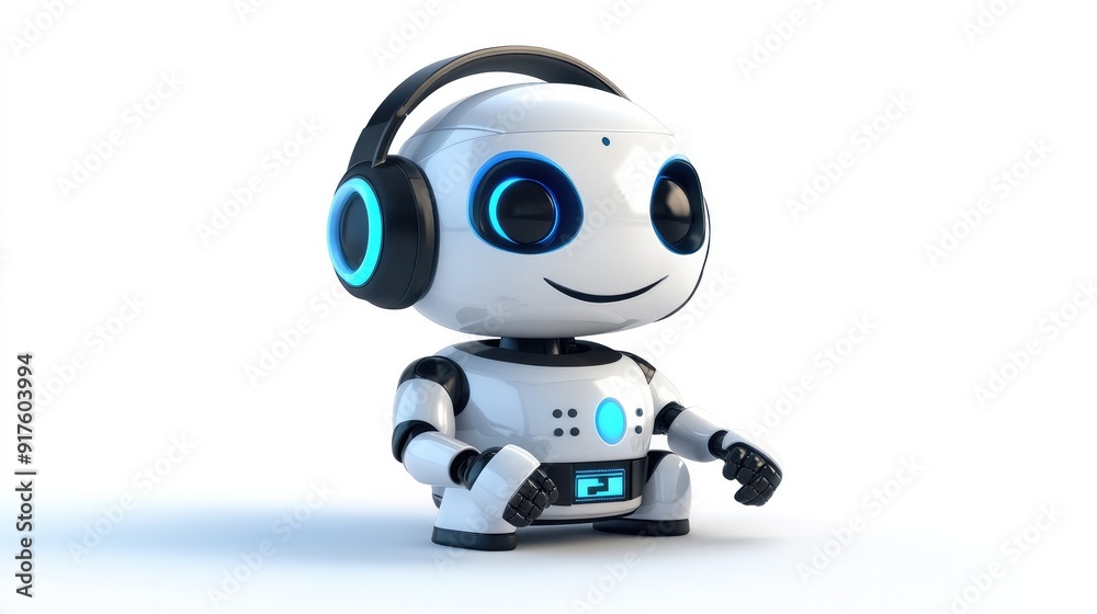Happy robot with headphones and mic, online assistant ready to provide support. Isolated on a clean white background Happy robot with headphones and mic, online assistant ready to provide support. Isolated on a clean white background