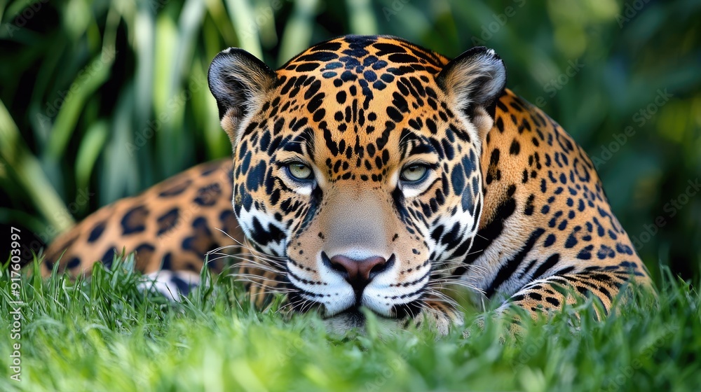 Obraz premium A jaguar is seen sitting in the grass seemingly waiting for prey