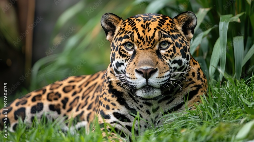 Obraz premium A jaguar is seen sitting in the grass seemingly waiting for prey