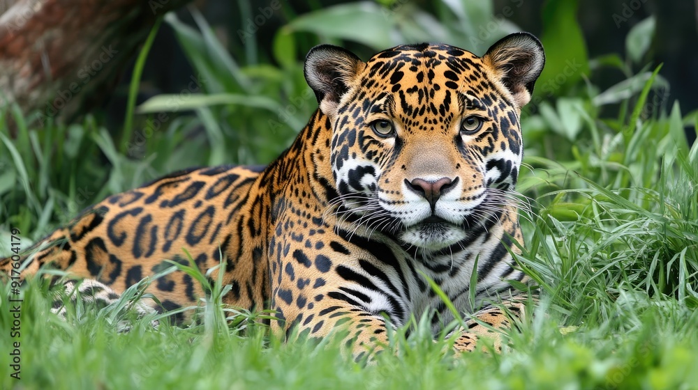 A jaguar is seen sitting in the grass seemingly waiting for prey A jaguar is seen sitting in the grass seemingly waiting for prey