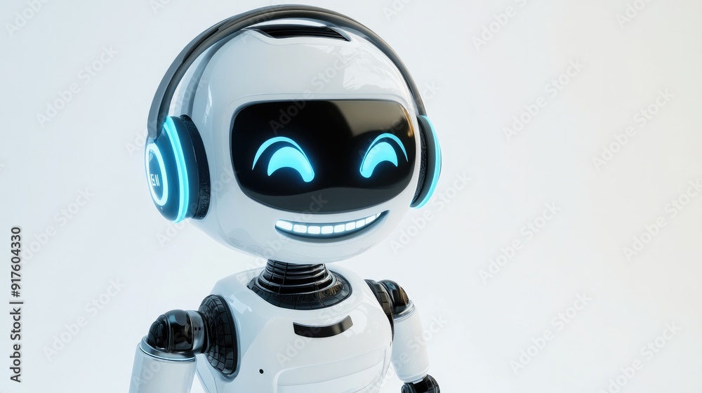 Robot assistant with a cheerful smile, wearing a headset, prepared to provide support. White background Robot assistant with a cheerful smile, wearing a headset, prepared to provide support. White background