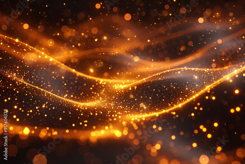 digital dark brown abstract background is adorned with sparkling golden yellow light particles, creating a mesmerizing display of deep depths, as particles seamlessly form into intricate lines, surfa photo