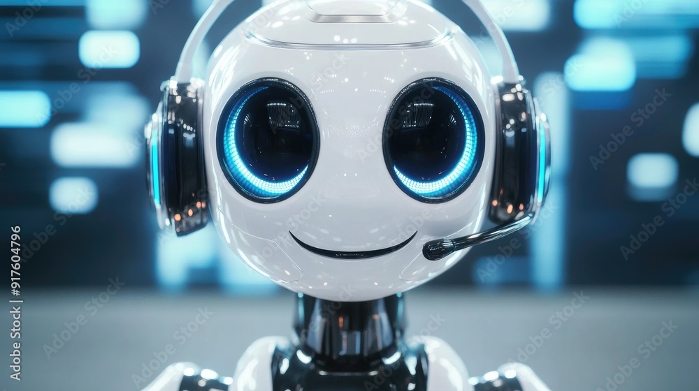 Robot assistant with large round eyes, wearing a headset, smiling warmly. Perfect for online support visuals Robot assistant with large round eyes, wearing a headset, smiling warmly. Perfect for online support visuals