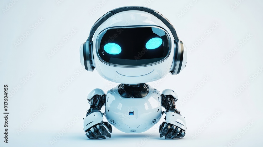 Smiling robot assistant with a headset, designed for virtual support. Isolated on a clean white background Smiling robot assistant with a headset, designed for virtual support. Isolated on a clean white background