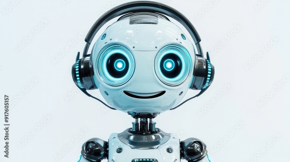Smiling robot with headphones and microphone, eager to assist online. Plain white background Smiling robot with headphones and microphone, eager to assist online. Plain white background