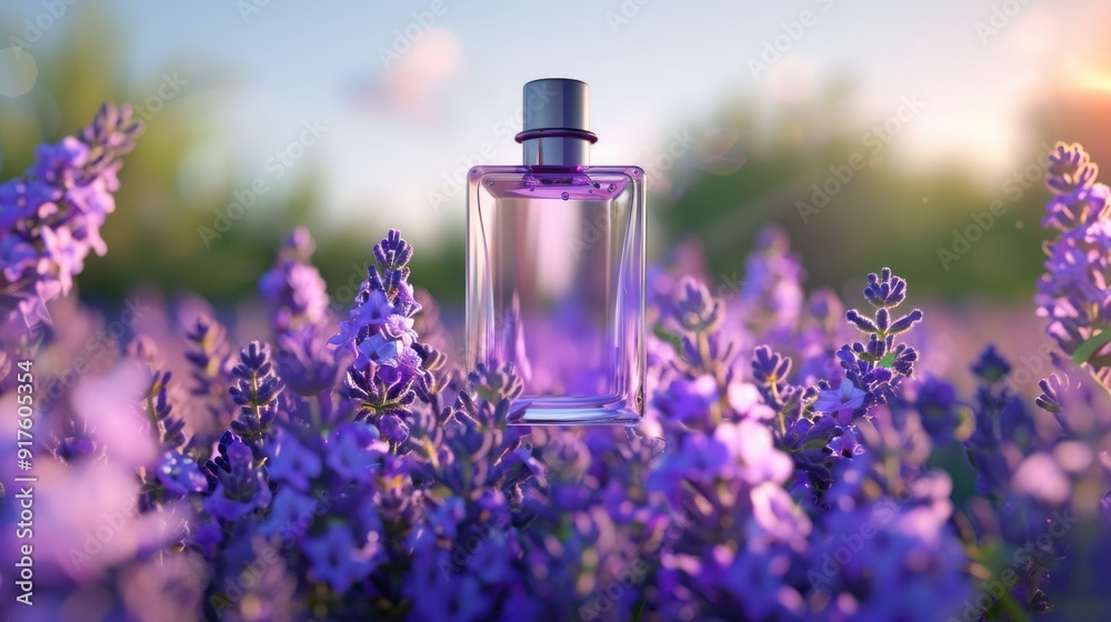 Lavender Perfume Bottle in a Field of Flowers Lavender Perfume Bottle in a Field of Flowers