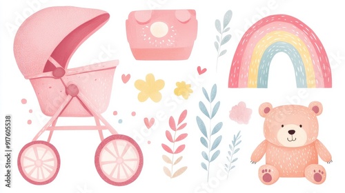 Charming pink toy set, vector illustrations of a stroller, bear, and rainbow, isolated on a clean white background photo