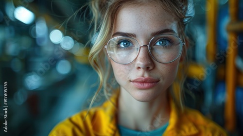 A young woman with blue eyes and freckles wearing glasses looking at the camera