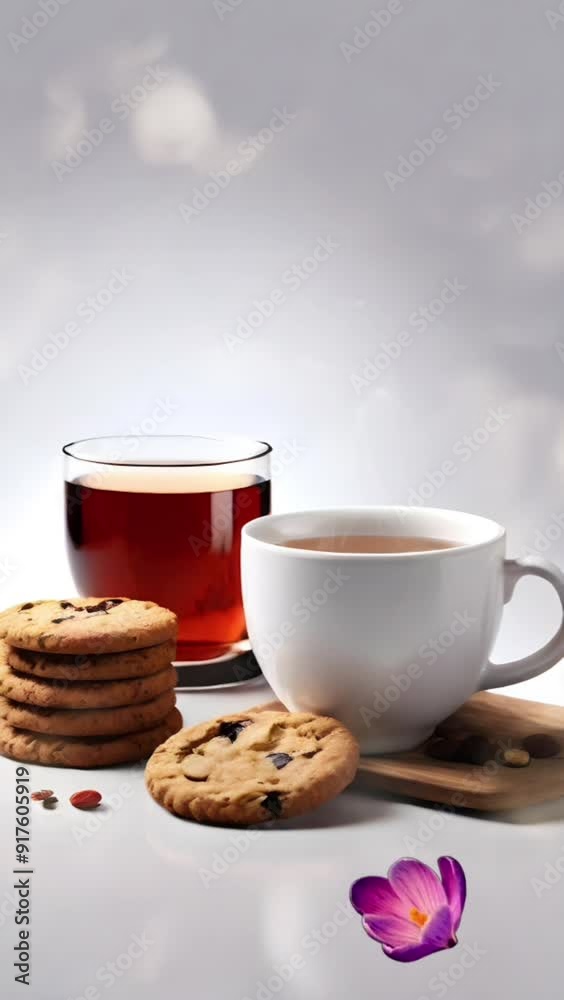 A cup of hot tea was on the table with some cookies beside it. Video smooth short 4K A cup of hot tea was on the table with some cookies beside it. Video smooth short 4K