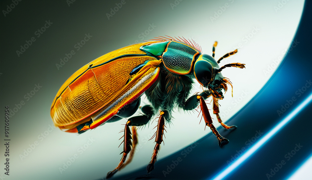 Naklejka premium Close-Up of a Beetle on a Metallic Surface with Abstract Lighting