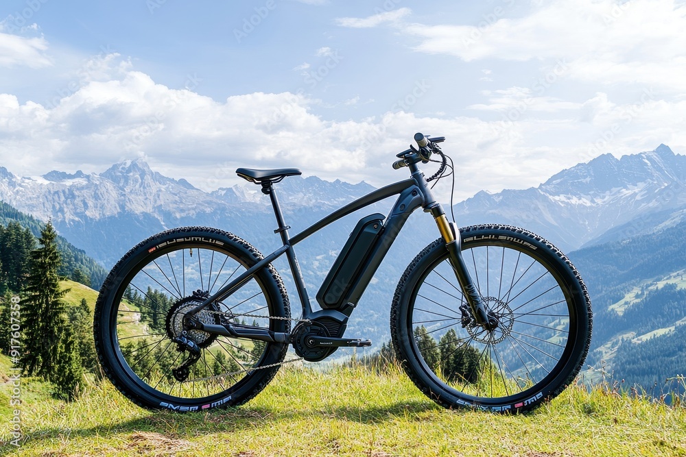Black Electric Mountain Bike on Green Grass in the Mountains with Blue Sky and White Clouds, E-Bike for Sport, Travel, or Adventure in Nature Scene Style Black Electric Mountain Bike on Green Grass in the Mountains with Blue Sky and White Clouds, E-Bike for Sport, Travel, or Adventure in Nature Scene Style