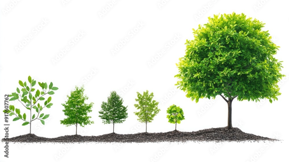 Fototapeta premium Illustration of the life cycle of a tree, from seed to fully grown tree, showing stages. Isolated on white