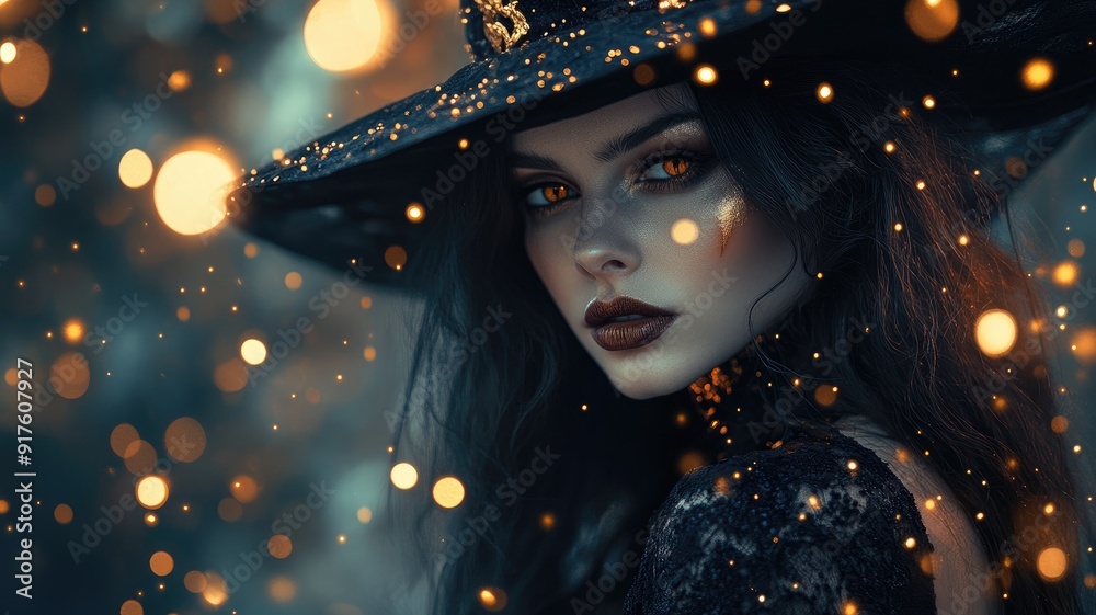 Enchanting woman in witch hat with glowing eyes, surrounded by mystical lights dark, magical setting Enchanting woman in witch hat with glowing eyes, surrounded by mystical lights dark, magical setting