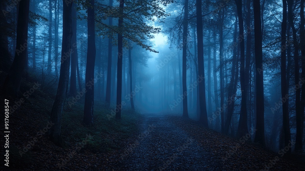 Fototapeta premium Mysterious foggy forest path surrounded by tall trees