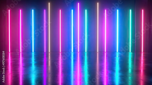 Wallpaper Mural Abstract background with flashing neon lights of green blue white pink violet colors glowing on rectangle lines on shiny reflecting stage Torontodigital.ca