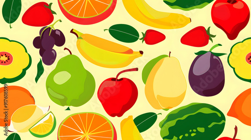 Seamless Watercolor Flat Lay Composition With Fresh Fruits With Leaves a Vibrant Pattern on a Yellow Background Print for Textile, Packaging, Banner, Decor, Wrap, Fashion, Accessories, Web, Social.