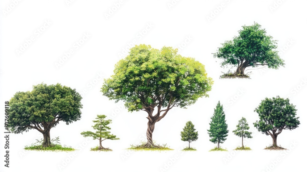 Life cycle of a tree, with illustrations of growth from seed to full maturity. Isolated on a white background Life cycle of a tree, with illustrations of growth from seed to full maturity. Isolated on a white background