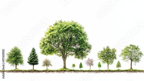 Life cycle of a tree, with illustrations from seed to mature tree, showing each growth stage. White background photo