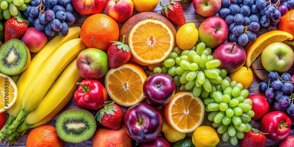 Assortment of fresh fruits including apples, oranges, grapes, and bananas on a background , healthy, colorful, organic, isolated Assortment of fresh fruits including apples, oranges, grapes, and bananas on a background , healthy, colorful, organic, isolated