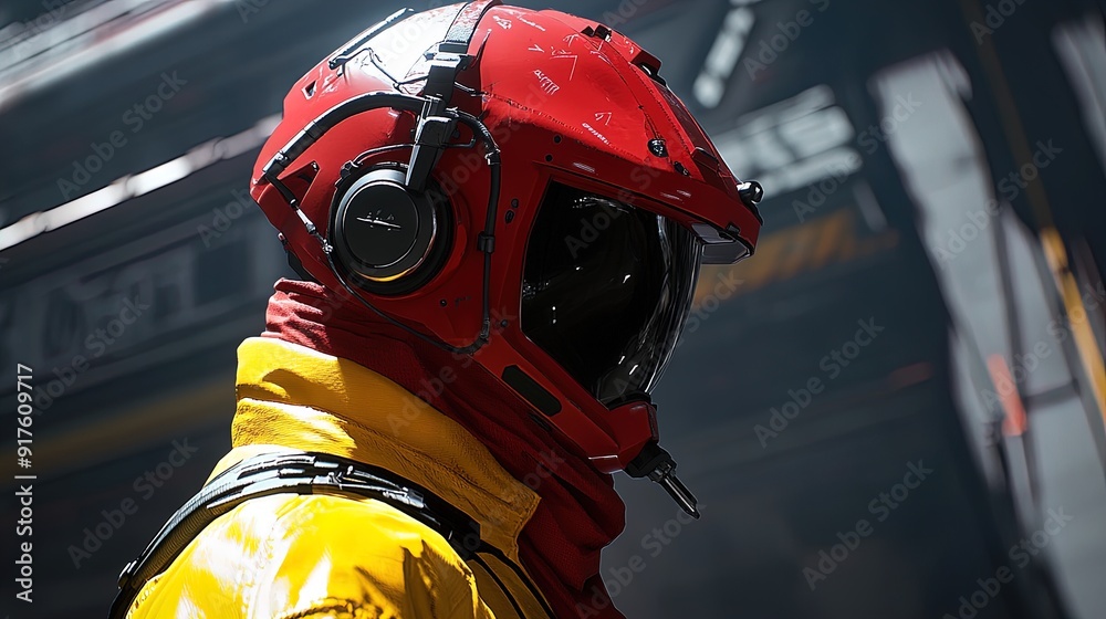 Fototapeta premium Fierce Advanced Soldier Poster: Stunning Red Helmet and Yellow Jacket Against Industrial Backdrop - Perfect for High-Tech Sports Interiors