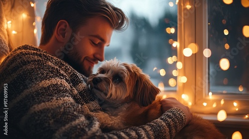 240802 20. Man in a sweater cuddling with small dog, window seat nook with fairy lights, romantic warm tones, Candid Photography, morning, Happy mood, natural ambient lighting mixing with twinkling photo