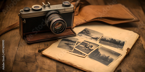 Vintage camera with film and empty photo album photo