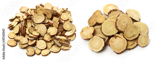 Licorice roots on white background