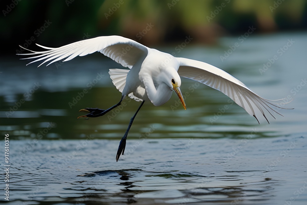 White egret in flight over water, in nature background Generative AI White egret in flight over water, in nature background Generative AI