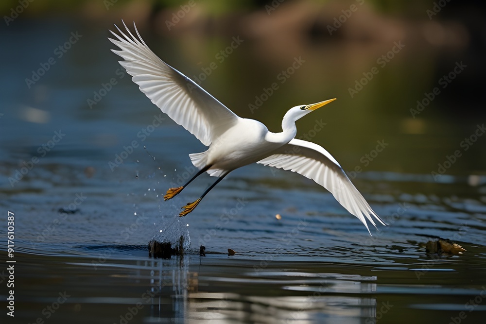 White egret in flight over water, in nature background Generative AI White egret in flight over water, in nature background Generative AI