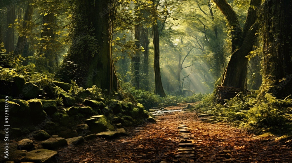 Obraz premium Sunbeams Illuminating a Mossy Forest Path