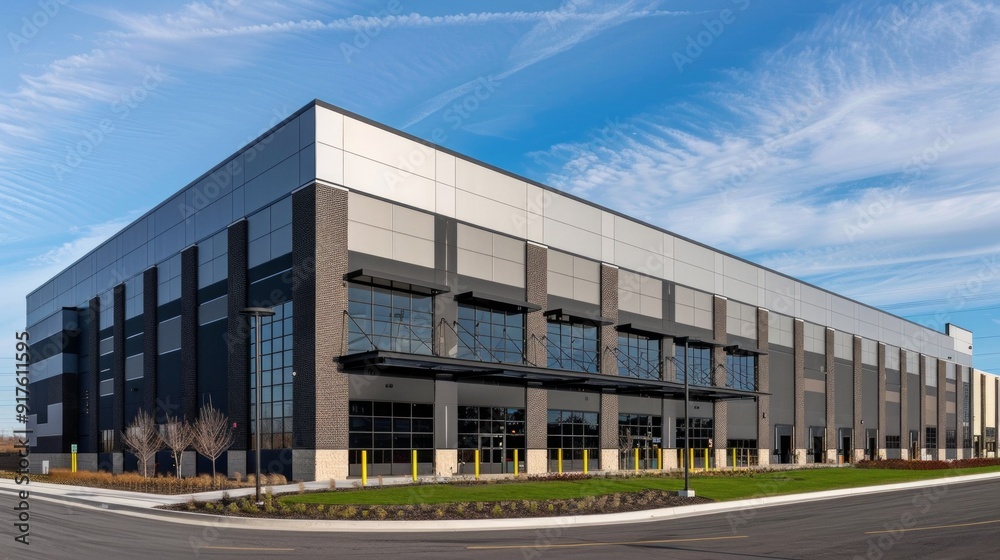 Obraz premium Modern Industrial Warehouse at Sunset with Clear Sky