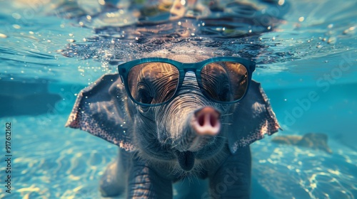 A full body elephant wearing sunglasses floats in a body of water. Blue water. photo