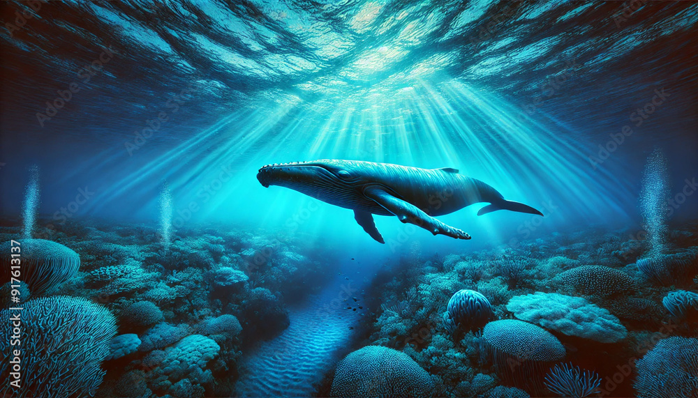 Fototapeta premium 海中のシロナガスクジラと太陽光2