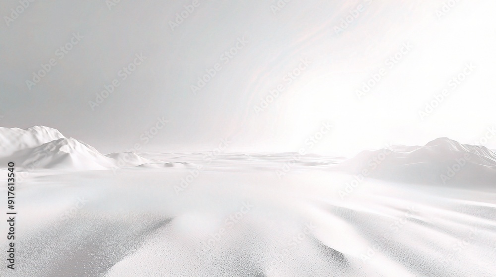 Fototapeta premium Arctic Serenity: A minimalist landscape of pristine snow and majestic mountains bathed in the ethereal glow of the sun.
