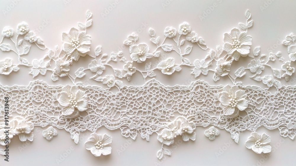 Delicate White Floral Lace Trim: A close-up of exquisite white lace with intricate floral designs, perfect for adding a touch of elegance and sophistication to any project. Delicate White Floral Lace Trim: A close-up of exquisite white lace with intricate floral designs, perfect for adding a touch of elegance and sophistication to any project.