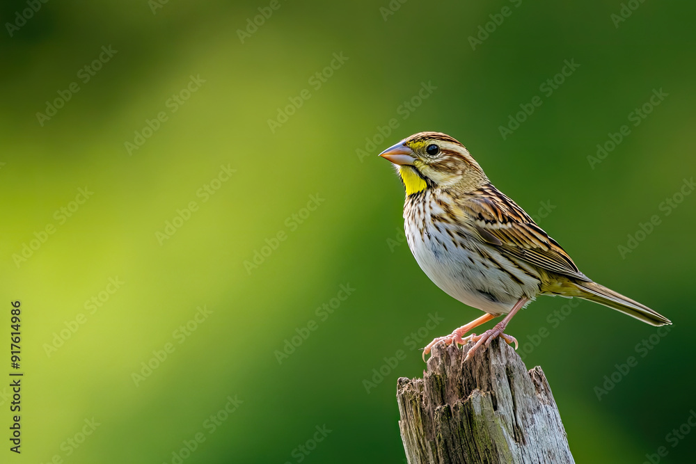 Sparrow Perched on Wooden Post with Vibrant Green Background Sparrow Perched on Wooden Post with Vibrant Green Background