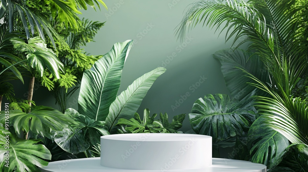 240804 16. White podium geometry centered, empty stand background, lush tropical forest surroundings, abstract composition concept, vibrant green hues, soft natural lighting, minimalist product 240804 16. White podium geometry centered, empty stand background, lush tropical forest surroundings, abstract composition concept, vibrant green hues, soft natural lighting, minimalist product