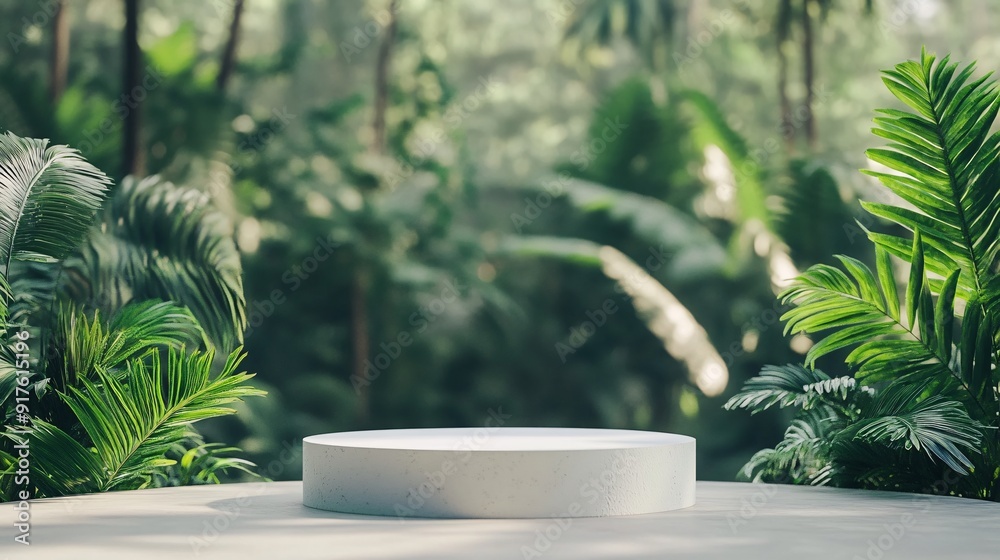 240804 16. White podium geometry centered, empty stand background, lush tropical forest surroundings, abstract composition concept, vibrant green hues, soft natural lighting, minimalist product 240804 16. White podium geometry centered, empty stand background, lush tropical forest surroundings, abstract composition concept, vibrant green hues, soft natural lighting, minimalist product