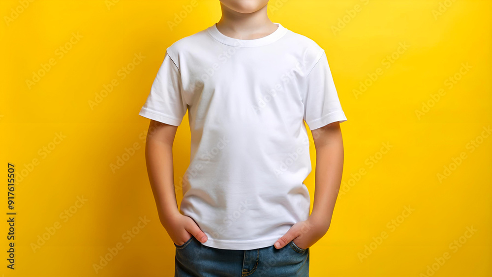 A boy in a white Bella Canvas shirt is set against a yellow background. The mockup highlights a t-shirt design template for use in print and presentation. A boy in a white Bella Canvas shirt is set against a yellow background. The mockup highlights a t-shirt design template for use in print and presentation.