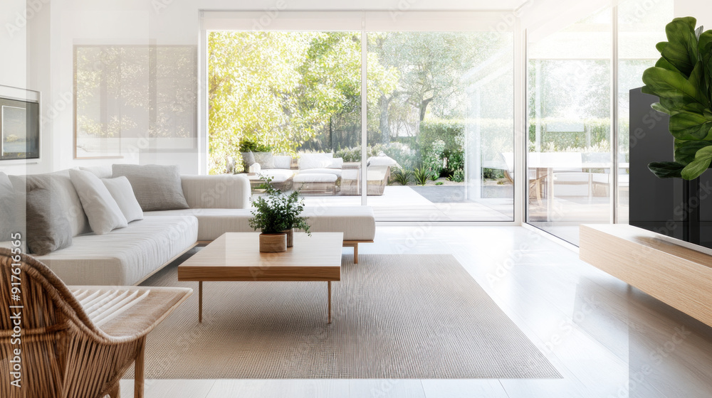 Morning view from modern home to an outside seaside through windows Morning view from modern home to an outside seaside through windows
