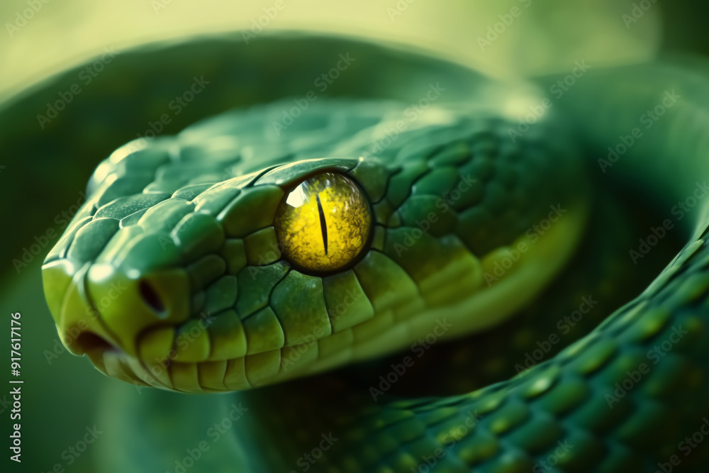 A vibrant green snake with striking yellow eyes resting among foliage in a lush environment during daylight. A vibrant green snake with striking yellow eyes resting among foliage in a lush environment during daylight.