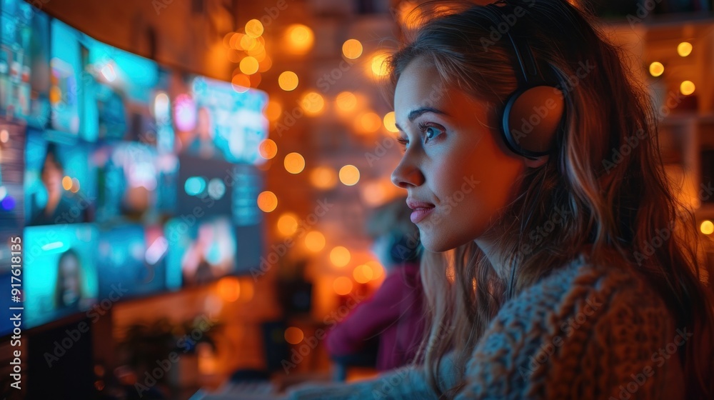 Young Woman Wearing Headphones and Looking at a Large Screen Young Woman Wearing Headphones and Looking at a Large Screen