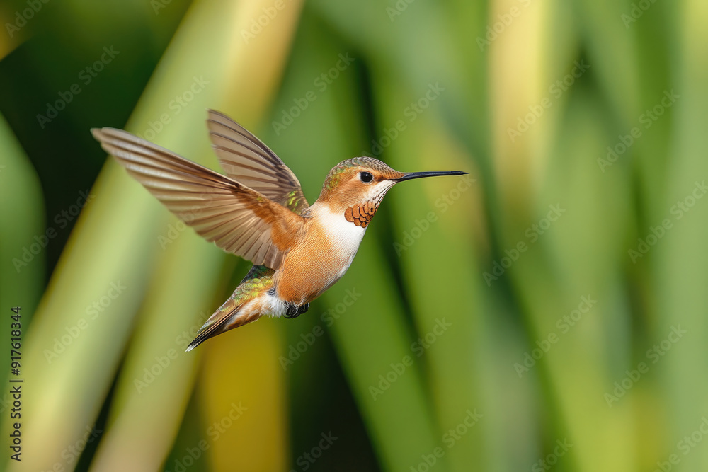 Fototapeta premium Hummingbird Hovering Mid-Air with Vibrant Green Background