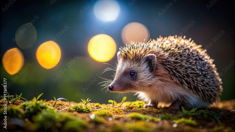 A cute hedgehog exploring the night with a sense of wonder and curiosity, hedgehog, night, exploring, curious, cute, mammal A cute hedgehog exploring the night with a sense of wonder and curiosity, hedgehog, night, exploring, curious, cute, mammal