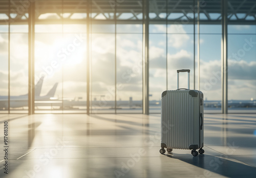 A single suitcase stands alone in a sunlit airport terminal, with large windows showing clouds and distant airplanes.