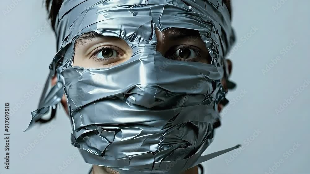 A person's face covered in grey duct tape, only their eyes are visible. A person's face covered in grey duct tape, only their eyes are visible.