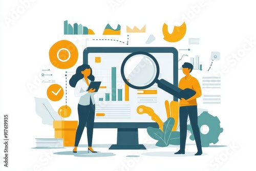 Innovative SEO Team Crafting Keyword Strategies for Enhanced Online Visibility in Minimalist Flat Illustration Style