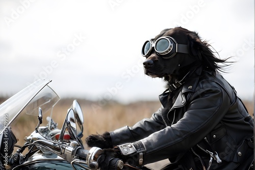 anthropomorphic dog in black leather jacket and goggles riding motorcycle  photo