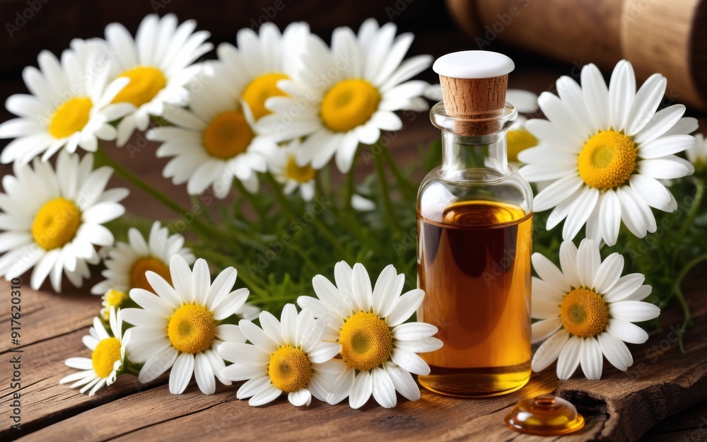Small amber bottle of chamomile essential oil on wooden surface Small amber bottle of chamomile essential oil on wooden surface