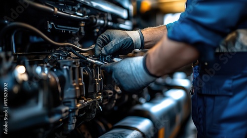 Mechanic at Work: A close-up of a mechanic's gloved hands working on the engine of a large truck, highlighting the intricate details and precision required for automotive maintenance.